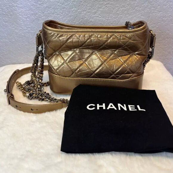 CHANEL Small Gabrielle Hobo Shoulder Bag Quilted Gold Calfskin Leather Authentic - Picture 1 of 9